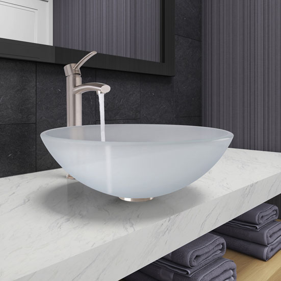 Vigo White Frost Glass Vessel Bathroom Sink Set with Milo Vessel Faucet in Brushed Nickel, 16-1/2" Diameter x 6" H