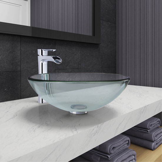 Vigo Crystalline Glass Vessel Bathroom Sink Set with Niko Vessel Faucet in Chrome, 16-1/2" Diameter x 6-1/2" H