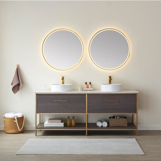 Vinnonva Murcia 72'' W Freestanding Double Sink Bathroom Vanity Set in Suleiman Oak with Brushed Gold Frame, White Composite Grain Stone Countertop, Vessel Sinks, and Mirrors, 72'' Suleiman Oak / Brushed Gold Set w/ Mirrors View
