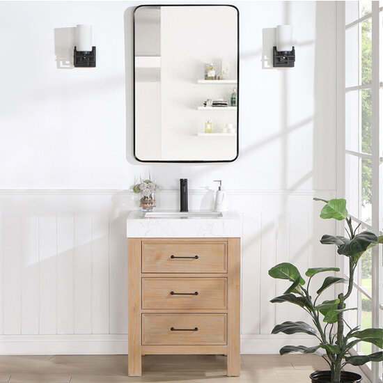 Vinnonva Leon 24'' W Freestanding Single Bathroom Vanity Set in Fir Wood Brown with Lightning White Composite Sink Top, and Mirror, 24'' Brown w/ White Top Set w/ Mirror Front View