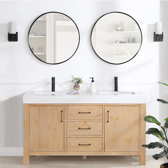 Vinnonva Leon 60'' W Freestanding Double Bathroom Vanity Set in Fir Wood Brown with Lightning White Composite Sink Top and Mirrors, 60'' Brown w/ White Top Set w/ Mirrors Front View