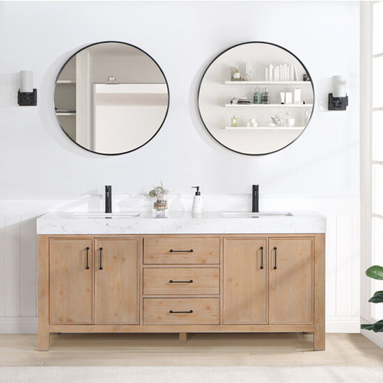 Vinnonva Leon 72'' W Freestanding Double Bathroom Vanity Set in Fir Wood Brown with Lightning White Composite Sink Top and Mirrors, Brown w/ White Top Set w/ Mirrors Front View