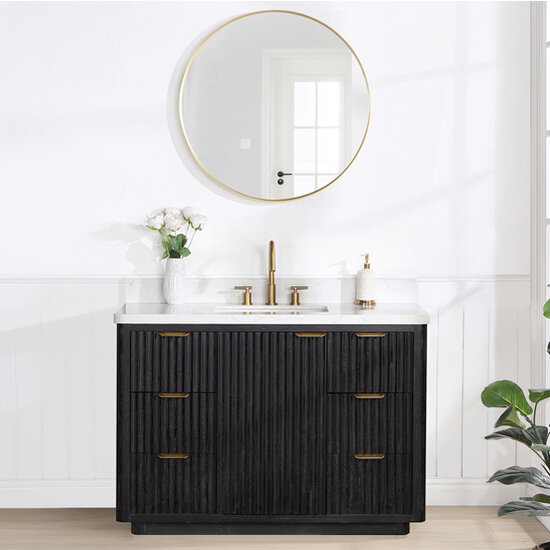 Vinnonva Cadiz 48'' W Freestanding Single Bathroom Vanity Set in Fir Wood Black with Lightning White Composite Top, Sink, and Mirror, 48'' Black w/ White Top Set w/ Mirror Front View