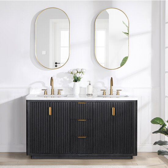 Vinnonva Cadiz 60'' W Freestanding Double Bathroom Vanity Set in Fir Wood Black with Lighting White Composite Top, Sinks, and Mirrors, 60'' Black w/ White Top Set w/ Mirrors Front View