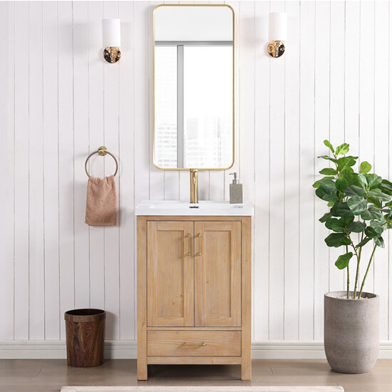 Vinnonva Gela 24'' W Freestanding Single Sink Bathroom Vanity Set in Fir Wood Brown with Drop-In White Ceramic Basin and Mirror, 24'' Brown Set w/ Mirror Front View