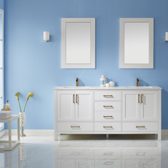 Vinnova Shannon 72" Double Vanity Set in White with Fine White Quartz Countertop, (2) Undermount Rectangular Ceramic Basins and (2) Mirrors, Base Cabinet: 71-3/16" W x 21-5/8" D x 33-1/8" H