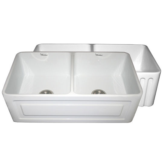 Whitehaus Reversible Series Double Bowl Fireclay Sink with Raised Panel Front Apron, White, 33"W x 18"D x 10"H