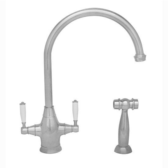 Whitehaus Queenhaus Collection Dual Handle Faucet with Long Gooseneck Spout, Porcelain Lever Handles and Solid Brass Side Spray in Polished Nickel, 9" W x 6-1/16" D x 14-1/2" H