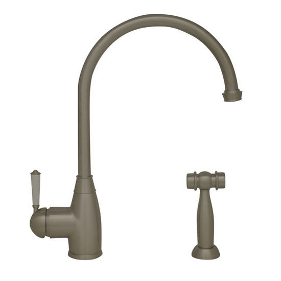 Whitehaus Queenhaus Collection Single Lever Faucet with Long Gooseneck Spout, Porcelain Single Lever Handle and Solid Brass Side Spray in Brushed Nickel, 9" W x 2-1/4" D x 10" H