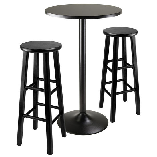 Winsome Wood WS-20331, 3-Piece Round Black Pub Table with Two 29" Wood Stool Square Legs, Black, 23.66'' W x 23.66'' D x 39.76'' H