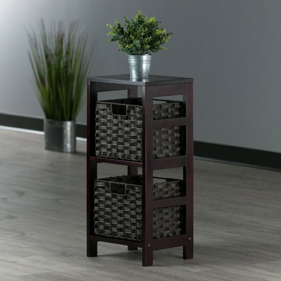 Winsome Wood Leo Collection 3-Piece Storage Shelf with 2 Foldable Woven Baskets, Espresso and Chocolate