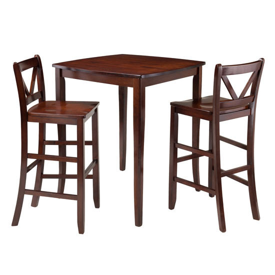 Winsome Wood Inglewood 3-Pc High Table with 2 Bar V-Back Stools in Walnut, 33-7/8''W x 33-7/8''D x 38-7/8''H