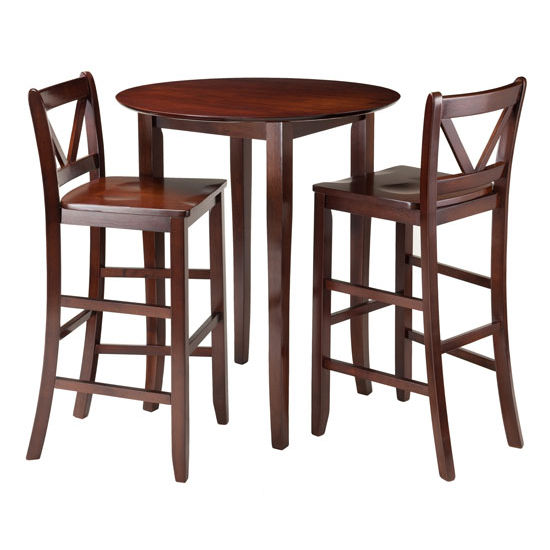 Winsome Wood Fiona 3-Pc High Round Table with 2 Bar V-Back Stool in Walnut, 33-11/16''W x 33-11/16''D x 39''H