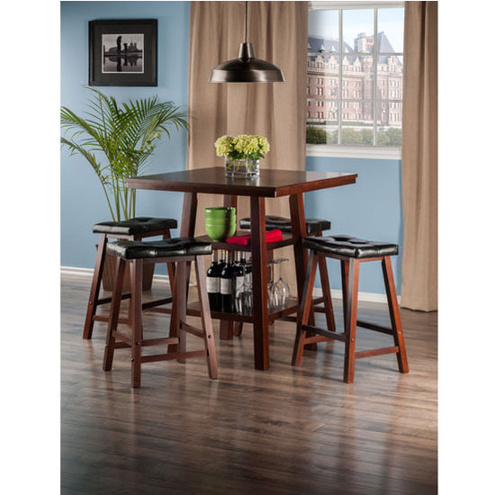 Winsome Wood Orlando Collection 3-Piece Set High Table, 2 Shelves with 4 Cushion Seat Stools in Walnut, 33-7/8" W x 33-7/8" D x 36-1/16" H