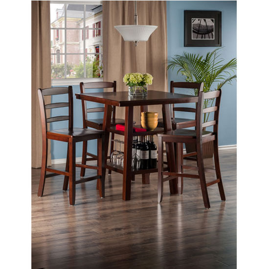 Winsome Wood Orlando Collection 5-Piece Set High Table, 2 Shelves with 4 Ladder Back Stools in Walnut, 33-7/8" W x 33-7/8" D x 36-1/16" H