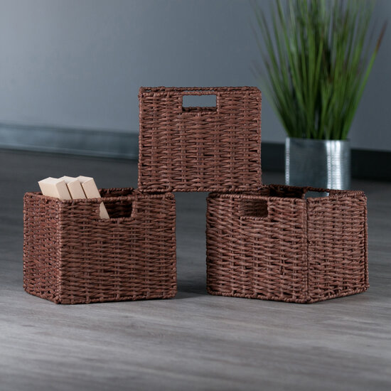 Winsome Wood Tessa Collection 3-Piece Foldable Woven Rope Basket Set, Walnut